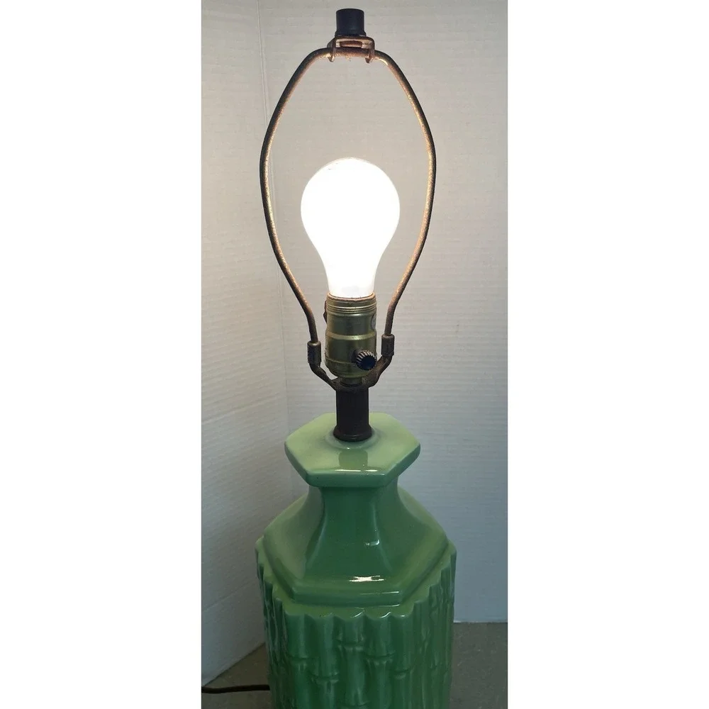 Vtg Green Faux Bamboo Ceramic Lamp‎ 60s MCM Hollywood Regency No Shade